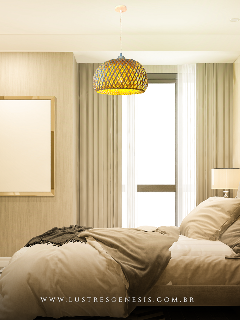 Pendente artesanal Sumatra de palha natural de 30cm iluminando bancada de cozinha em ambiente moderno e aconchegante.